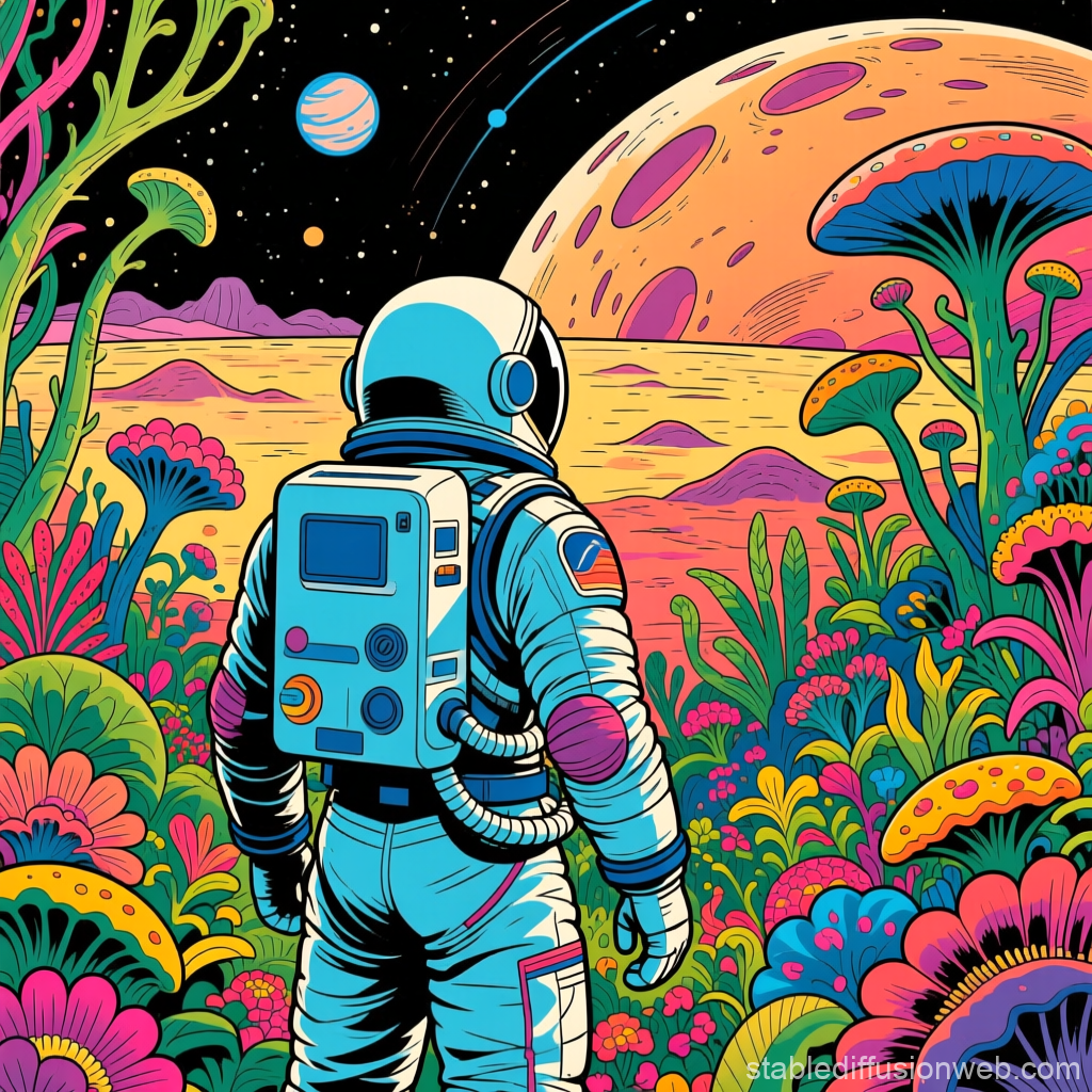 Cosmonaut Exploring Vibrant Alien Flora on a Distant Planet