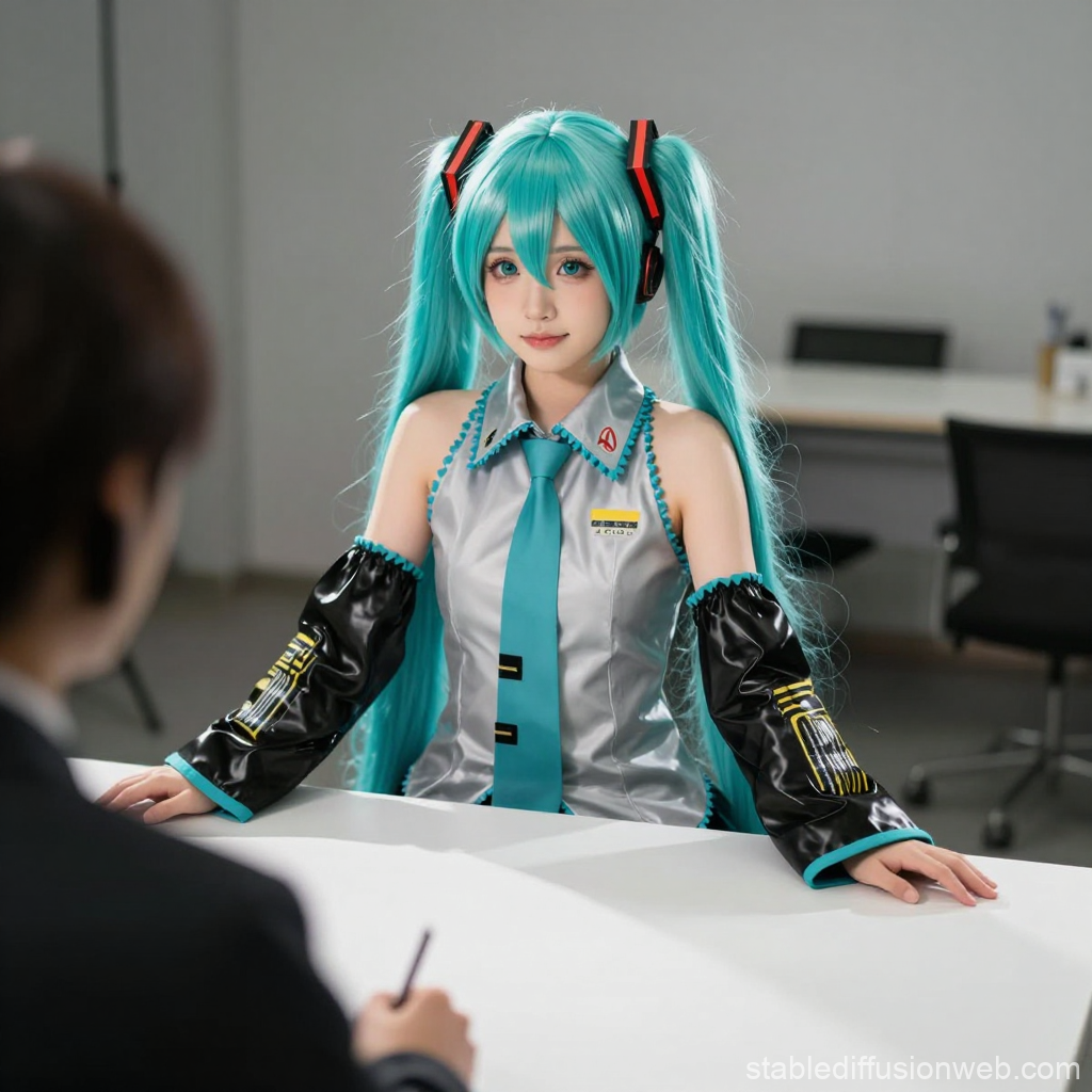 Cosplay of Hatsune Miku in Modern Office Setting