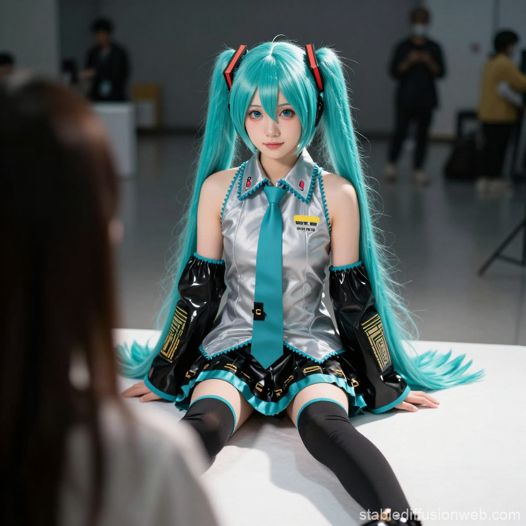 Cosplayer in Hatsune Miku Outfit Sitting on Table