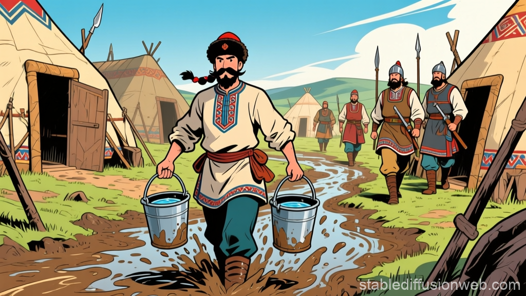 Cossack Servant Carrying Water in Traditional Village