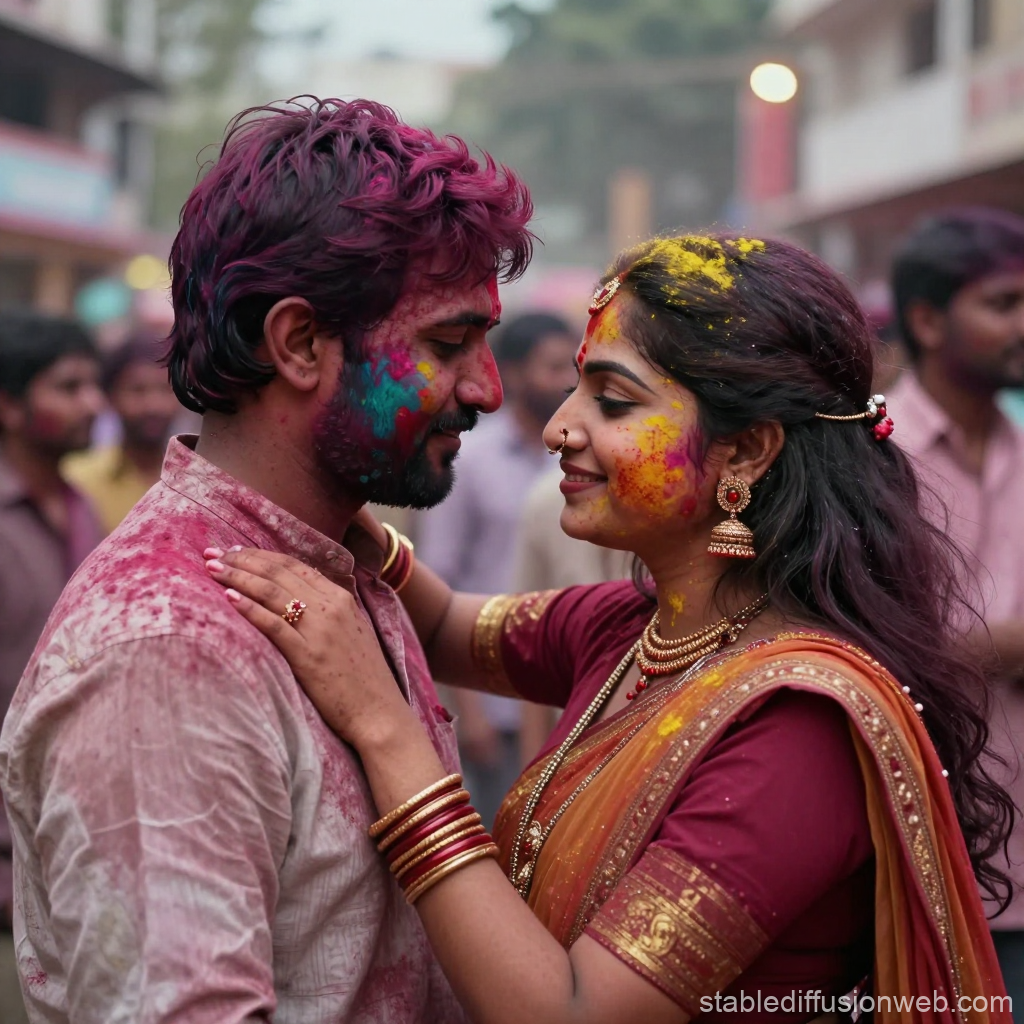 Couple Celebrating Holi Festival with Colorful Powder