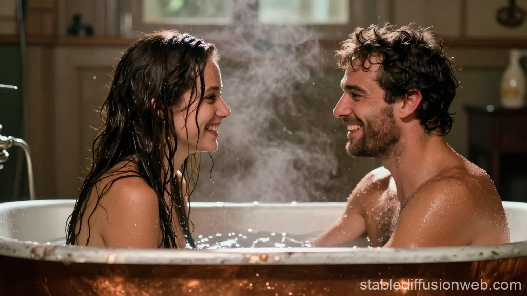 Couple Enjoying a Steamy Bath in a Rustic Wooden Room