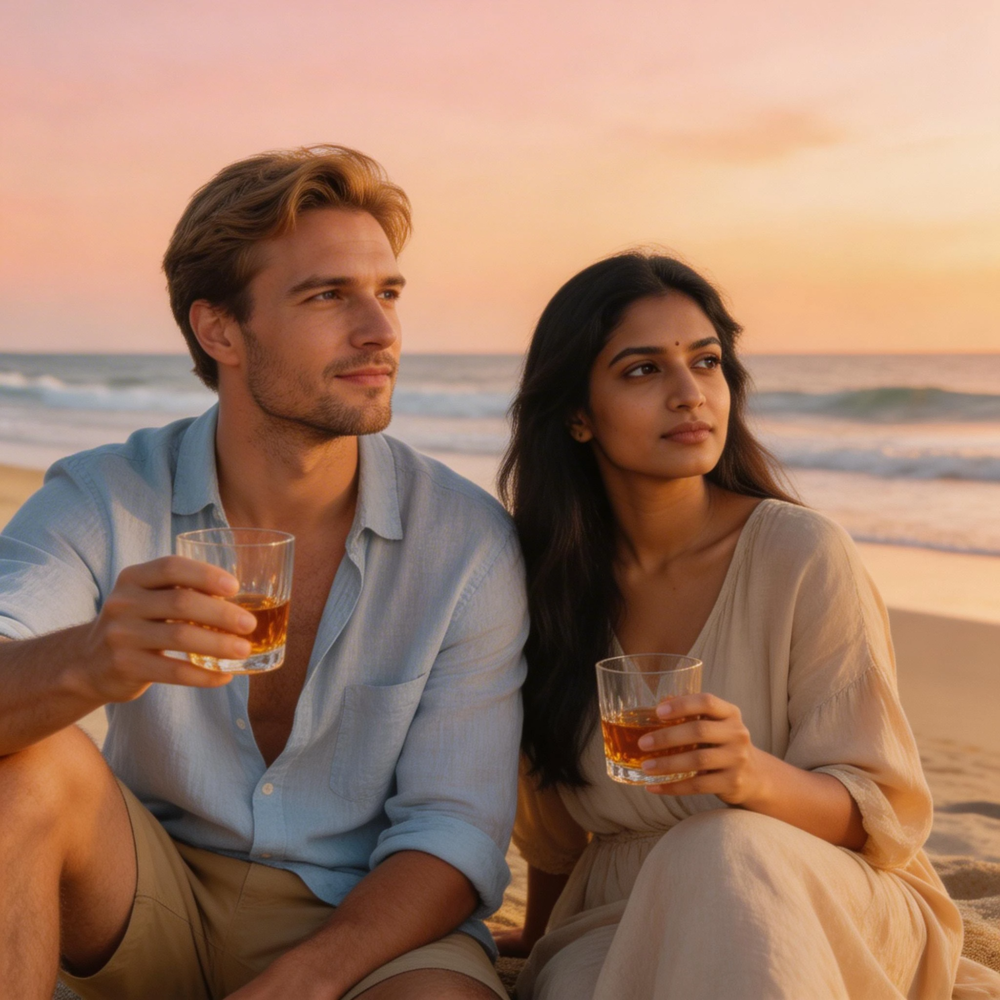 Couple Enjoying Drinks at Sunset on the Beach