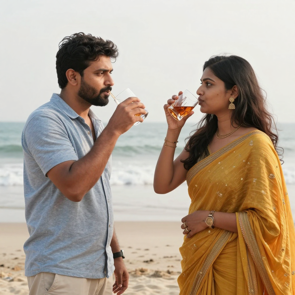 Couple Enjoying Drinks Together on the Beach