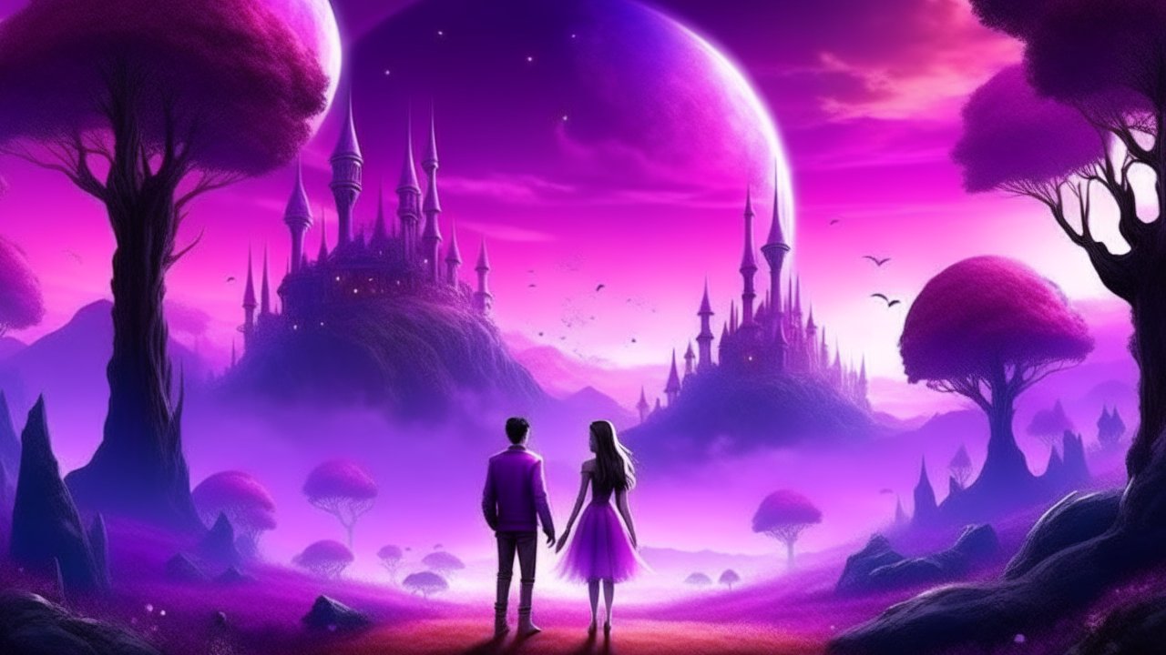 Couple Gazing at Enchanted Purple Fantasy Castles