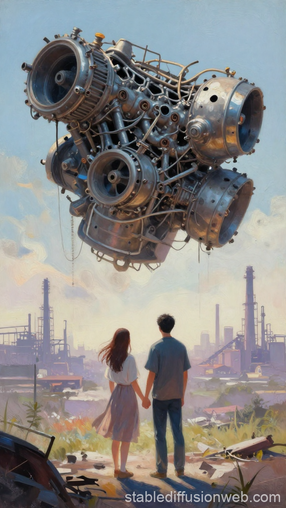 Couple Holding Hands Under a Floating Mechanical Structure