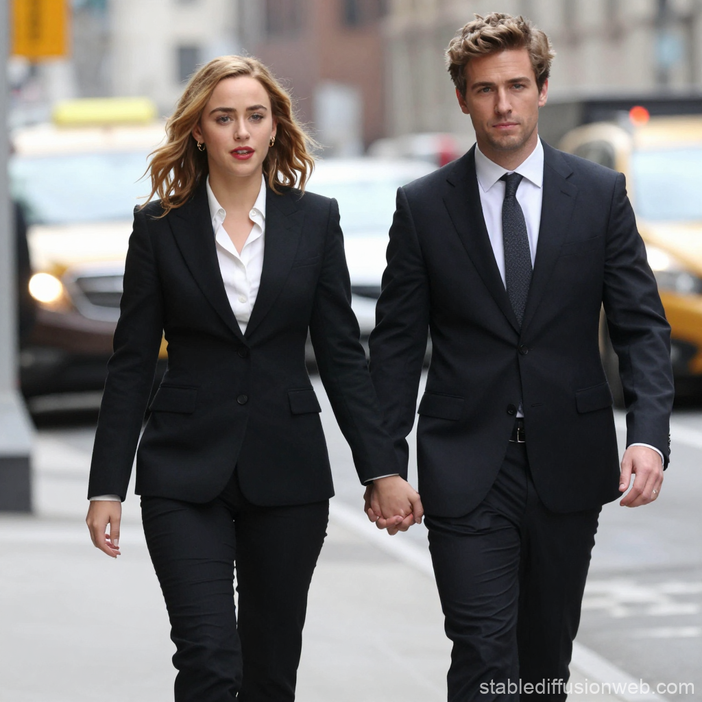 Couple in Black Suits Walking Hand in Hand in Urban Setting