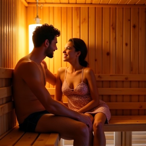 Couple Relaxing Together in a Wooden Sauna