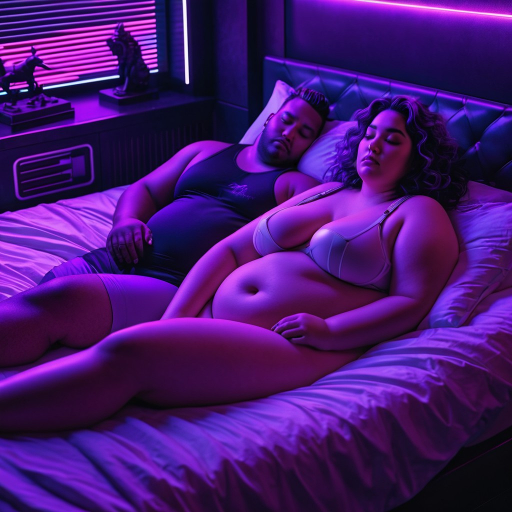 Couple Relaxing Together in Neon-Lit Bedroom