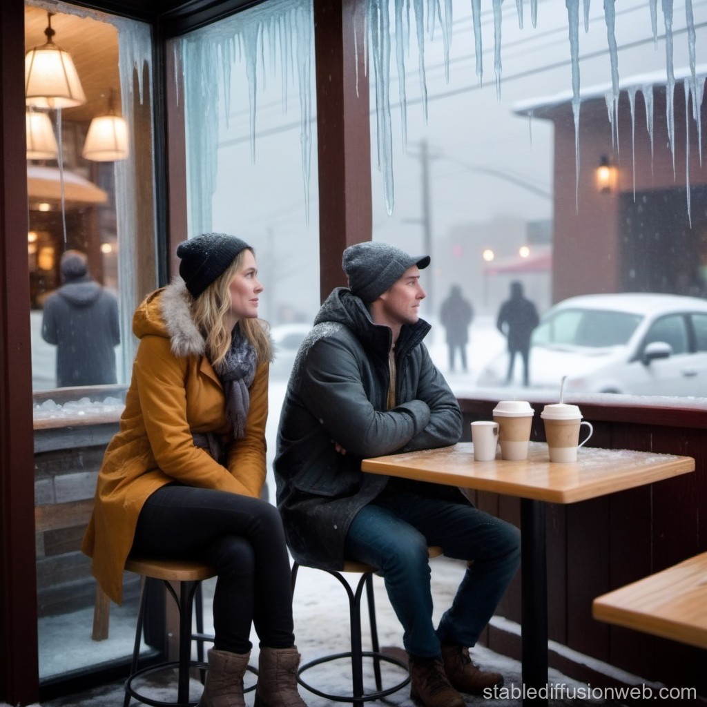 Couple Sitting in Cozy Cafe on a Snowy Winter Day