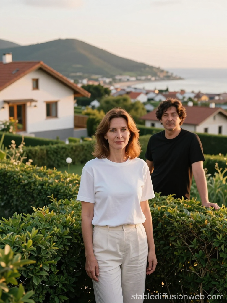 Couple Standing in Garden with Scenic Mountain View