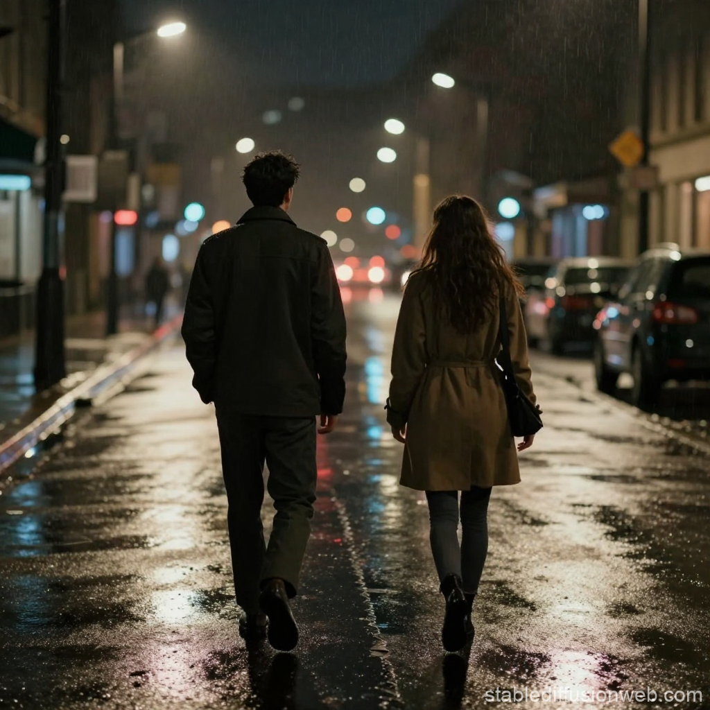 Couple Walking Apart on a Rainy City Street at Night