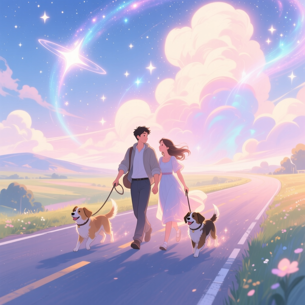 Couple Walking Dogs Under a Magical Starry Sky