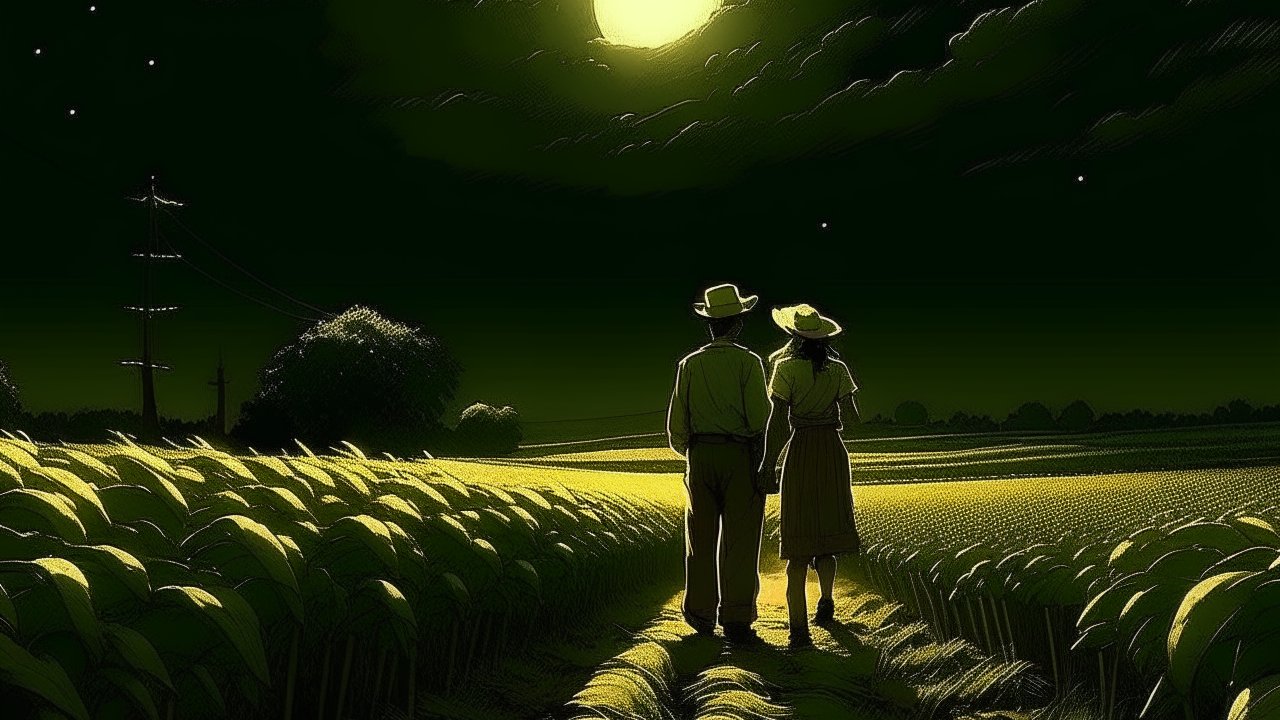 Couple Walking Under the Moonlight in a Field