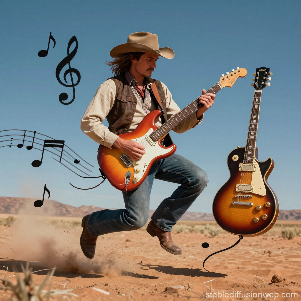 Cowboy Playing Electric Guitar in Desert with Musical Notes