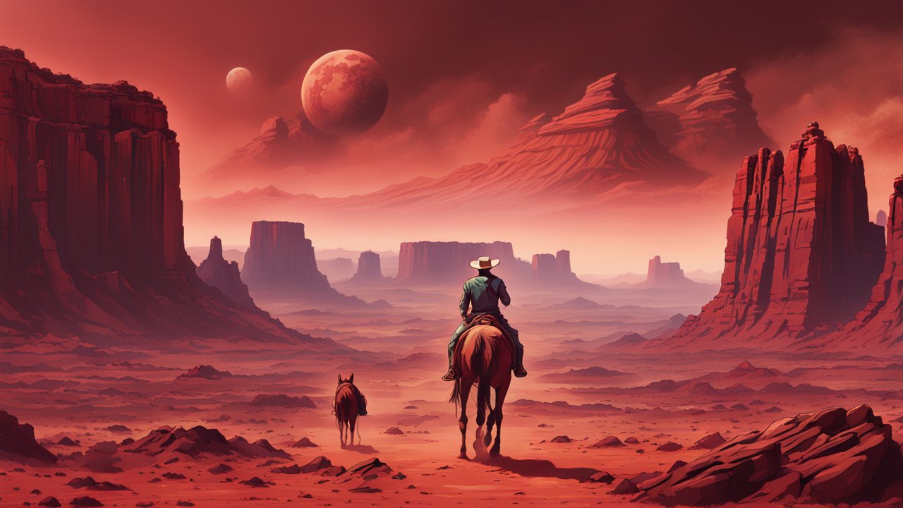 Cowboy Riding Through a Red Rocky Alien Landscape