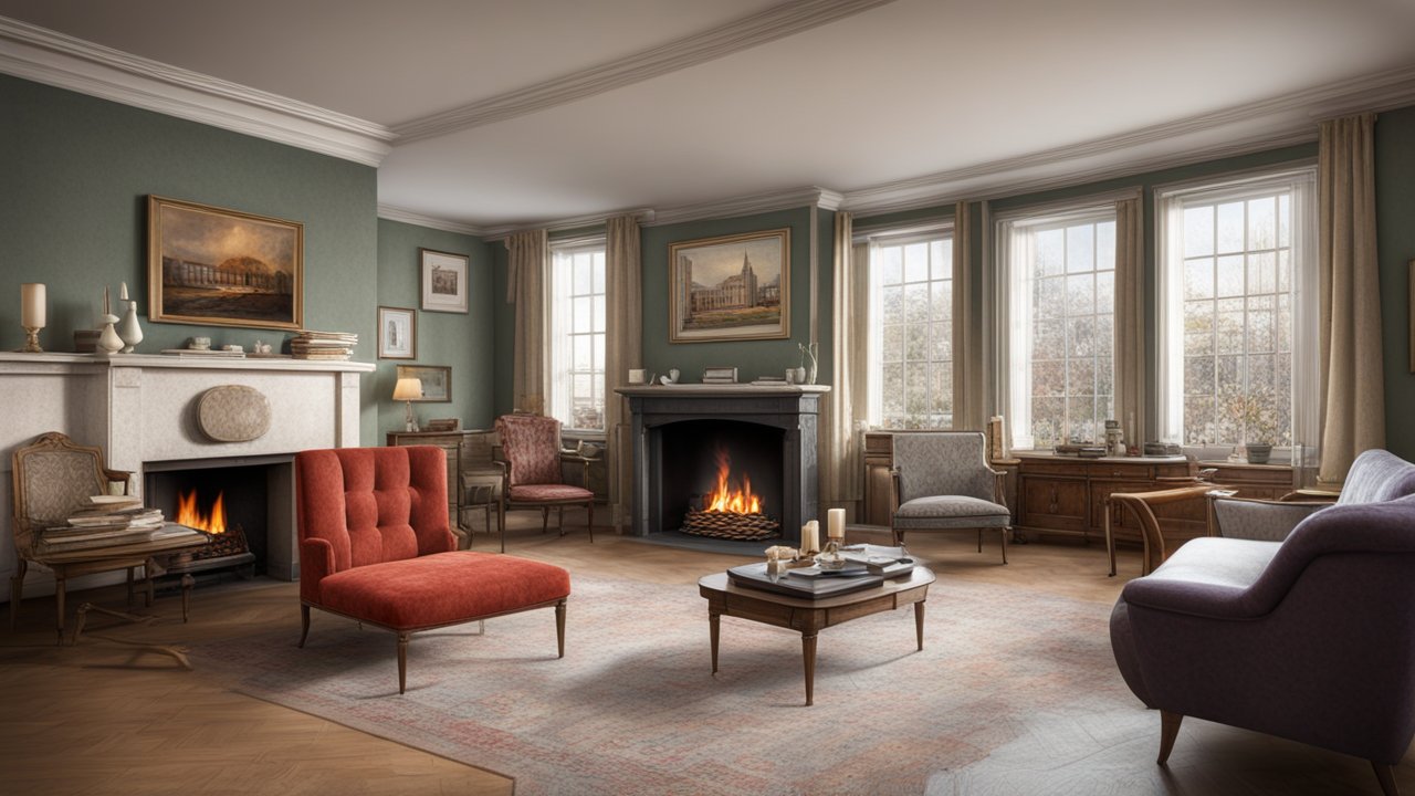 Cozy 1950s UK Council House Living Room with Fireplaces