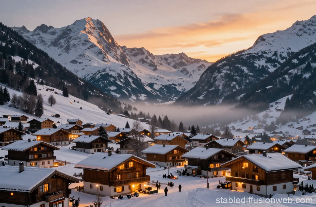 Cozy Alpine Village at Sunset with Snow-Covered Mountains