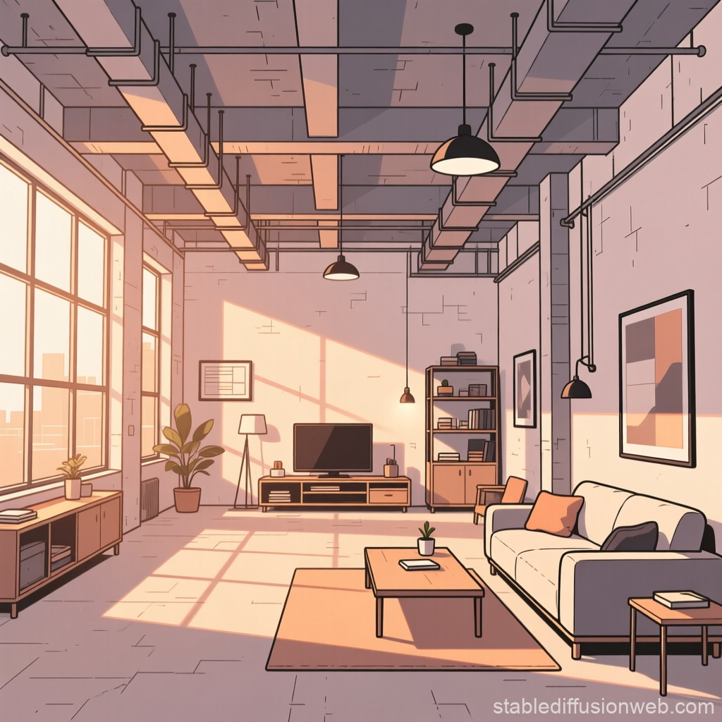 Cozy Anime Loft Living Room with Warm Sunlight