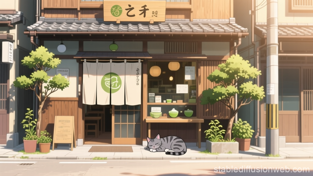 Cozy Anime Matcha Cafe with Sleeping Cat