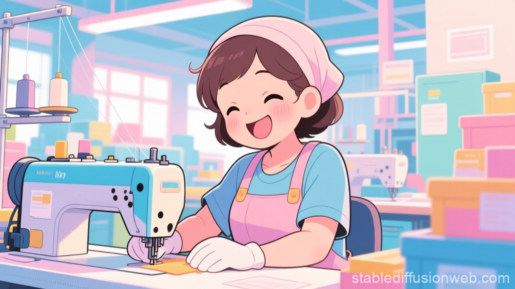 Cozy Anime Mom Sewing Happily in Workshop