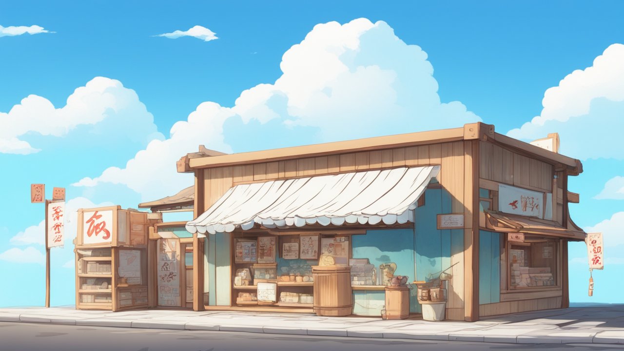 Cozy Anime-Style Traditional Shop Under Blue Sky