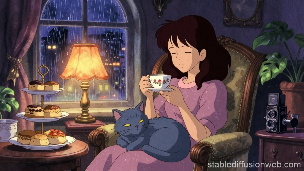Cozy Anime Tea Time with Cat on Lap