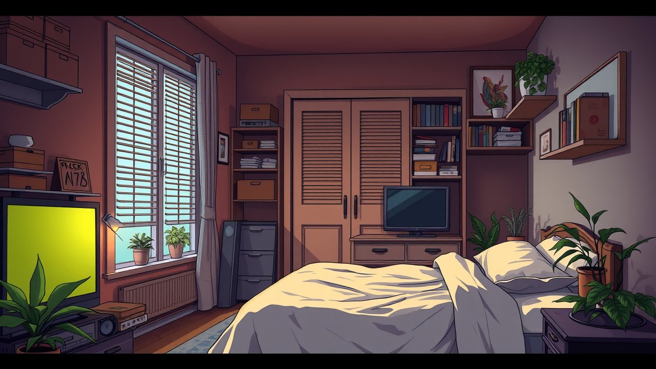 Cozy Apartment Bedroom with Plants and Warm Lighting