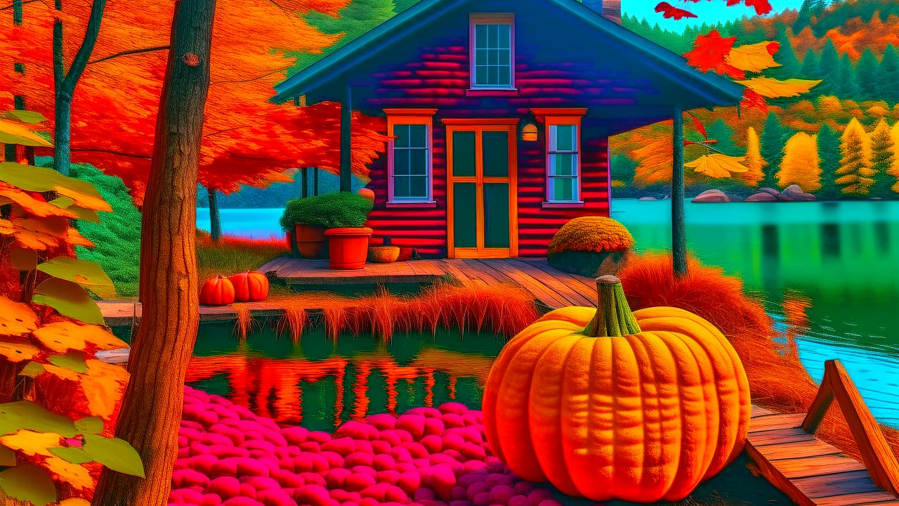 Cozy Autumn Cabin by the Lake with Pumpkins