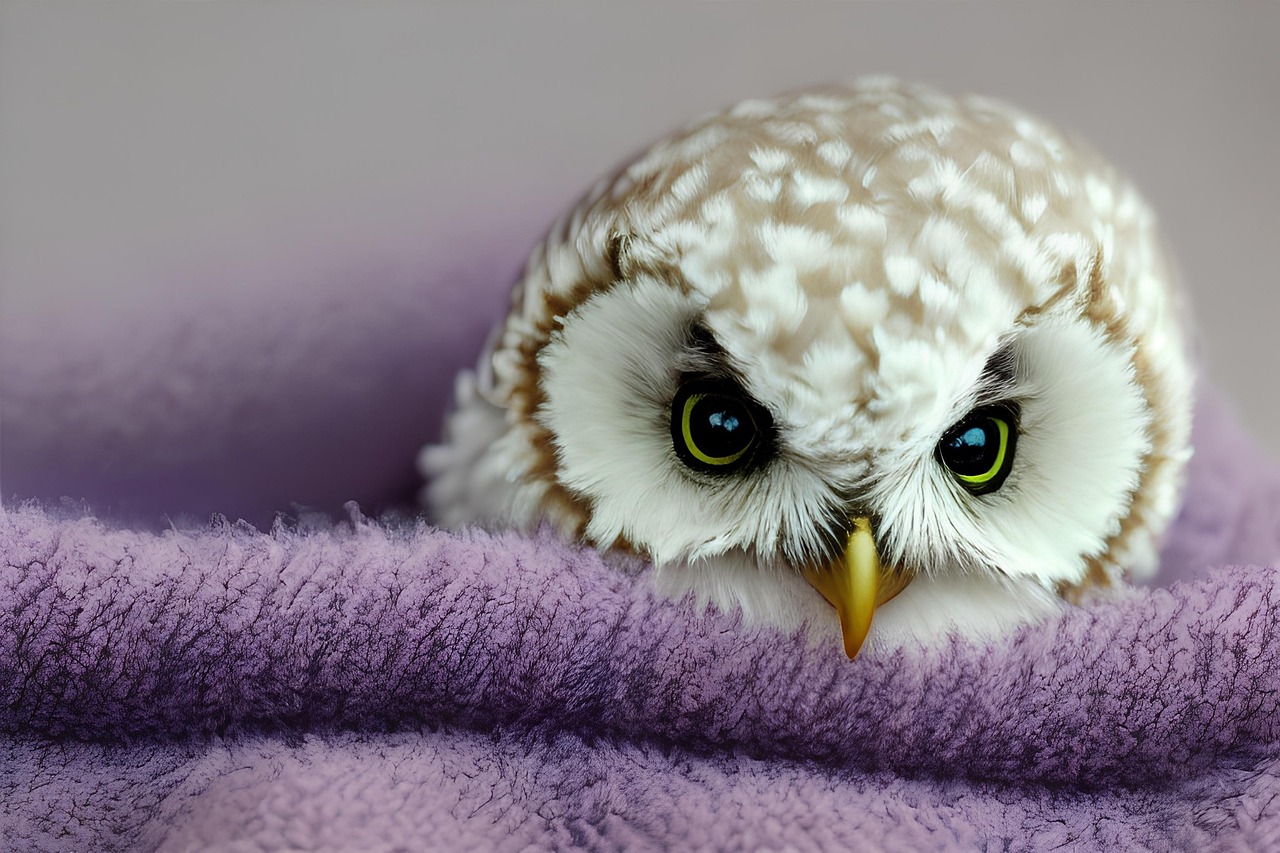 Cozy Baby Owl Resting on Purple Blanket