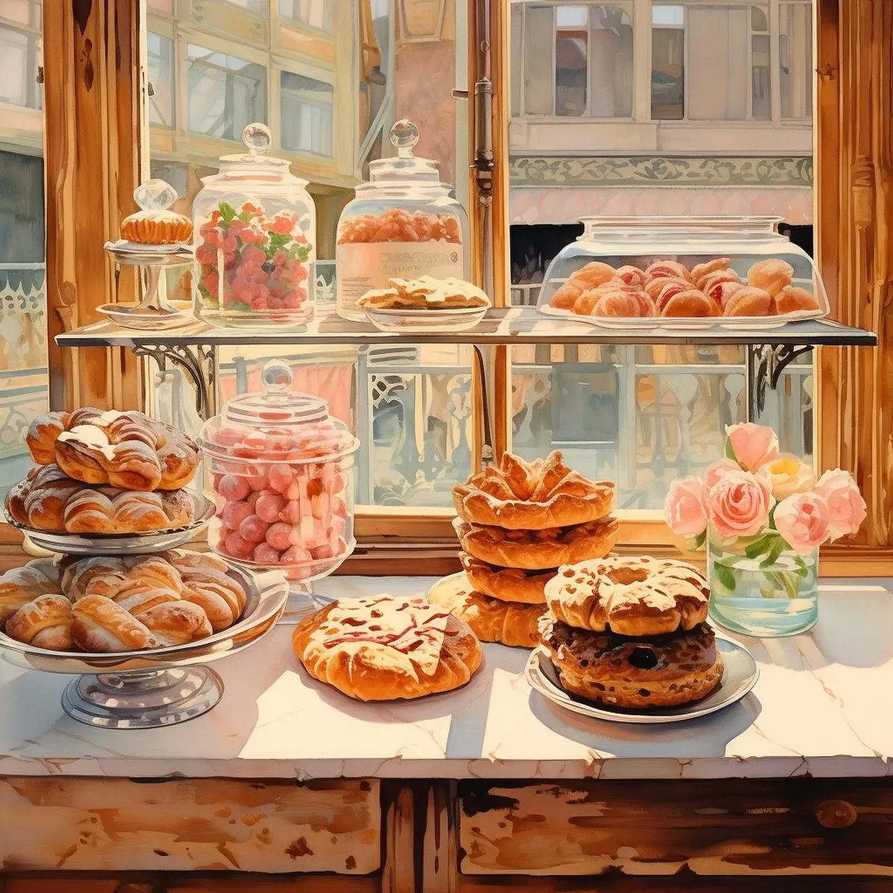 Cozy Bakery Display with Pastries and Sweets by the Window