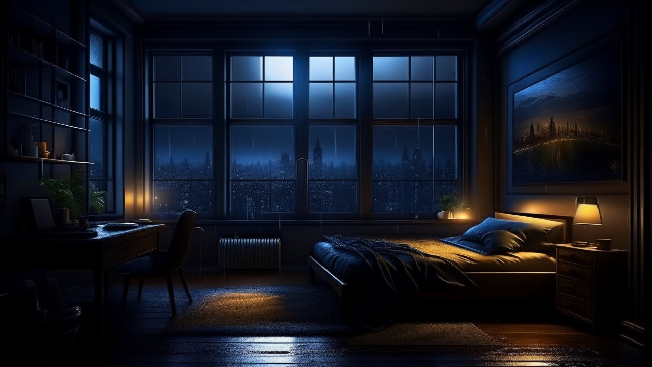 Cozy Bedroom Interior at Night with Cityscape View