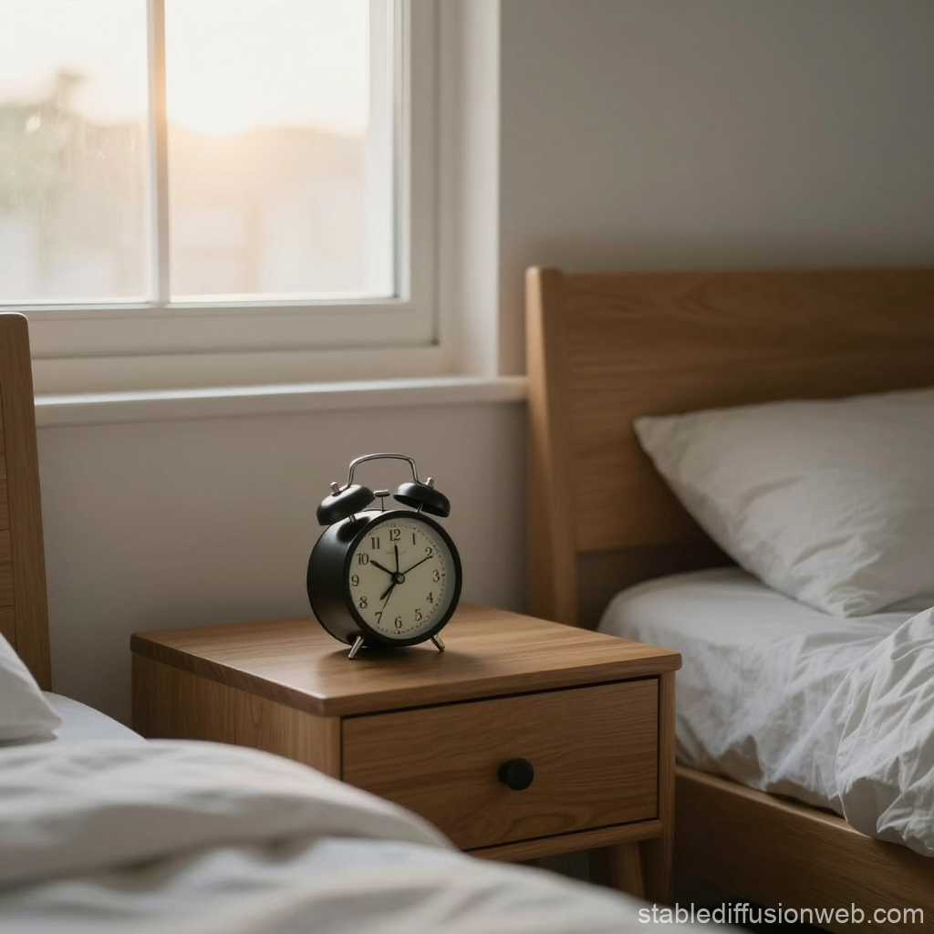 Cozy Bedroom Morning with Classic Alarm Clock