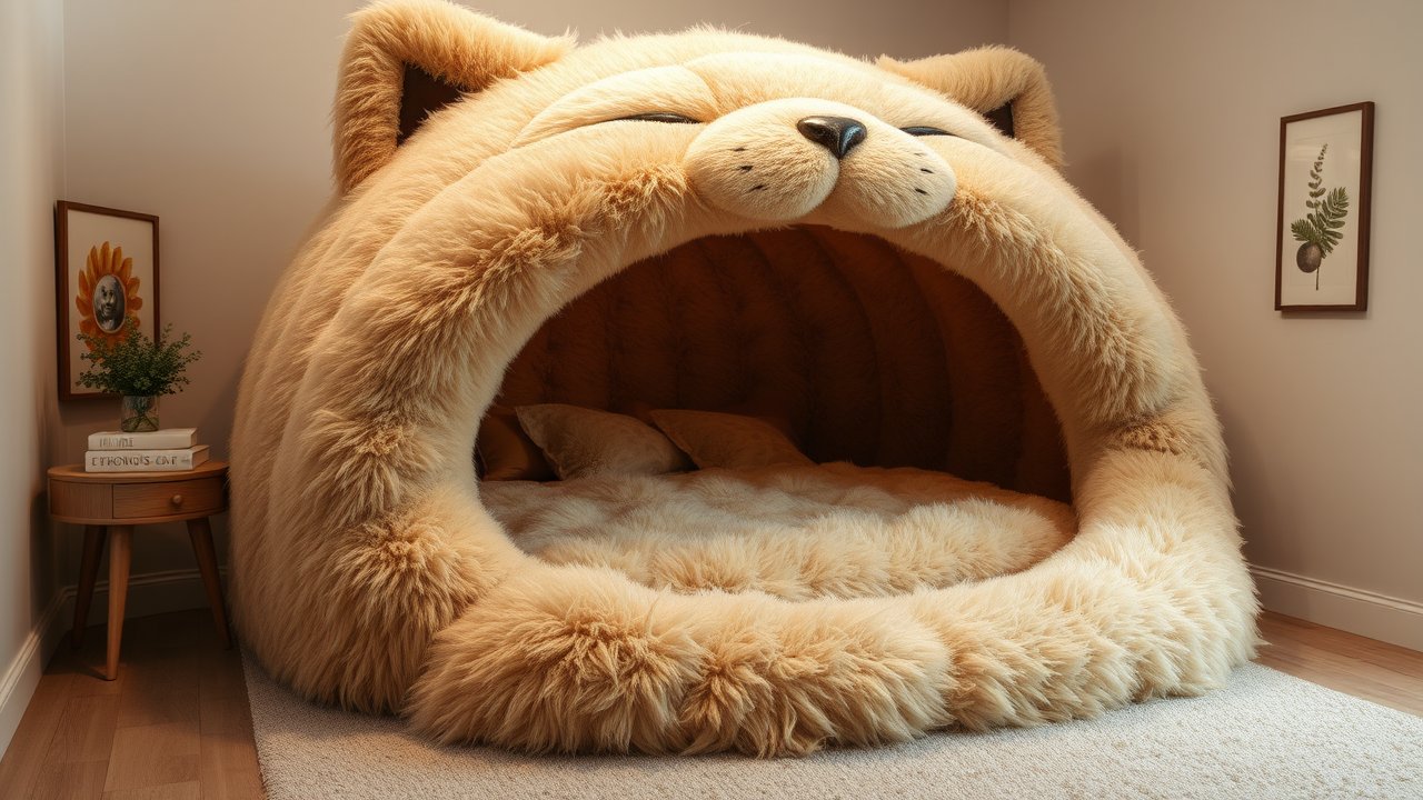 Cozy Bedroom with Giant Plush Cat Bed