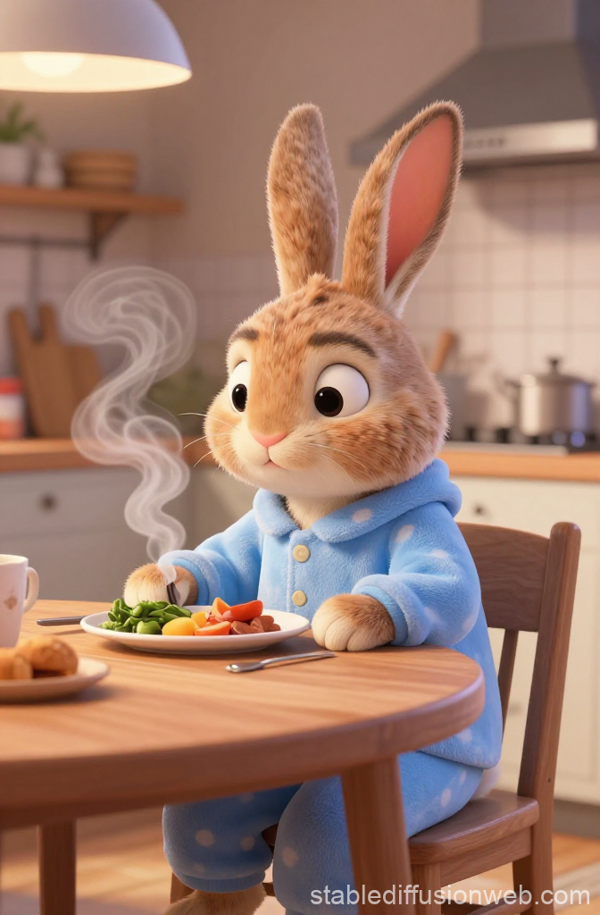 Cozy Bunny Enjoying a Warm Lunch in Kitchen