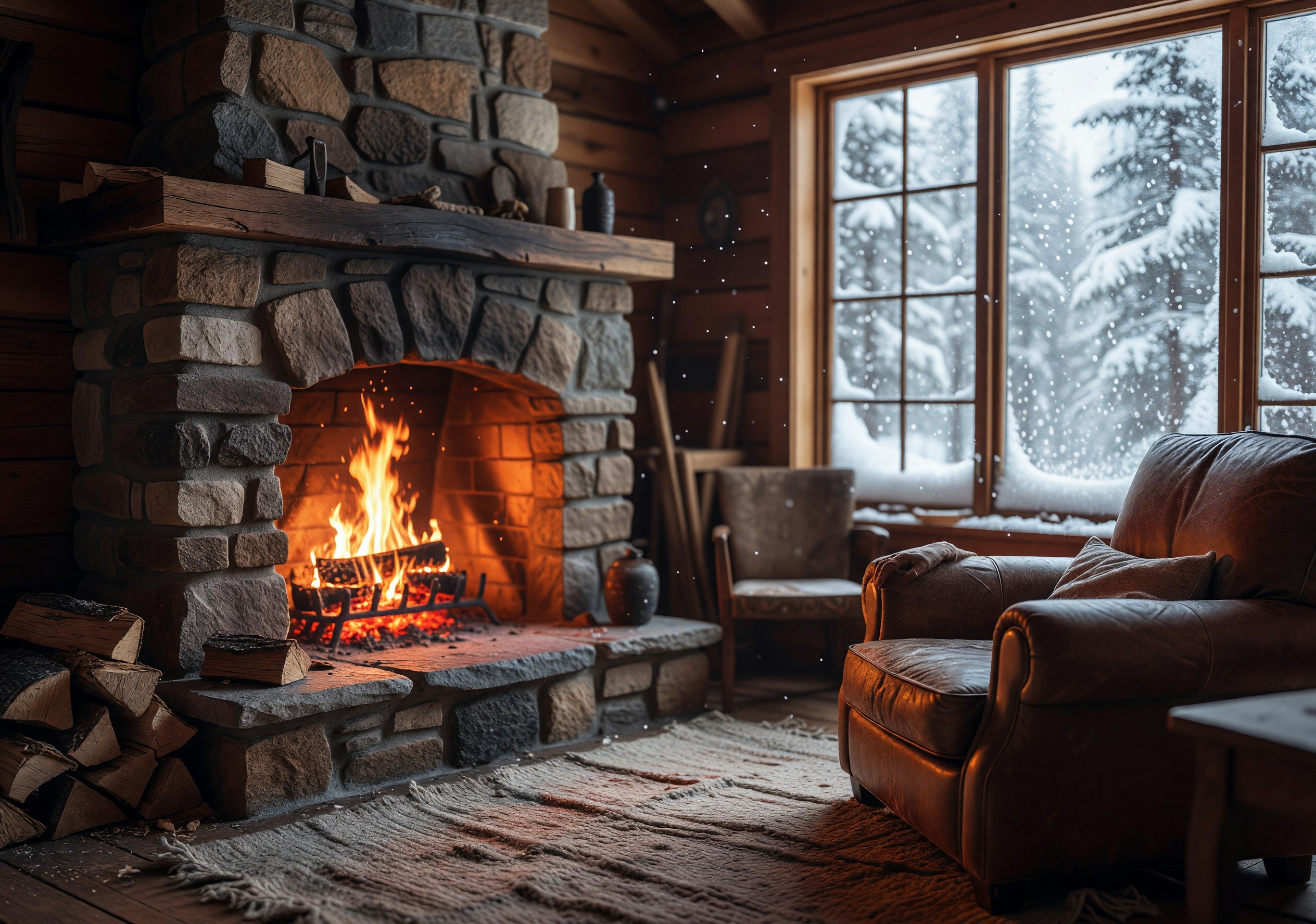 Cozy Cabin Fireside on a Snowy Winter Day