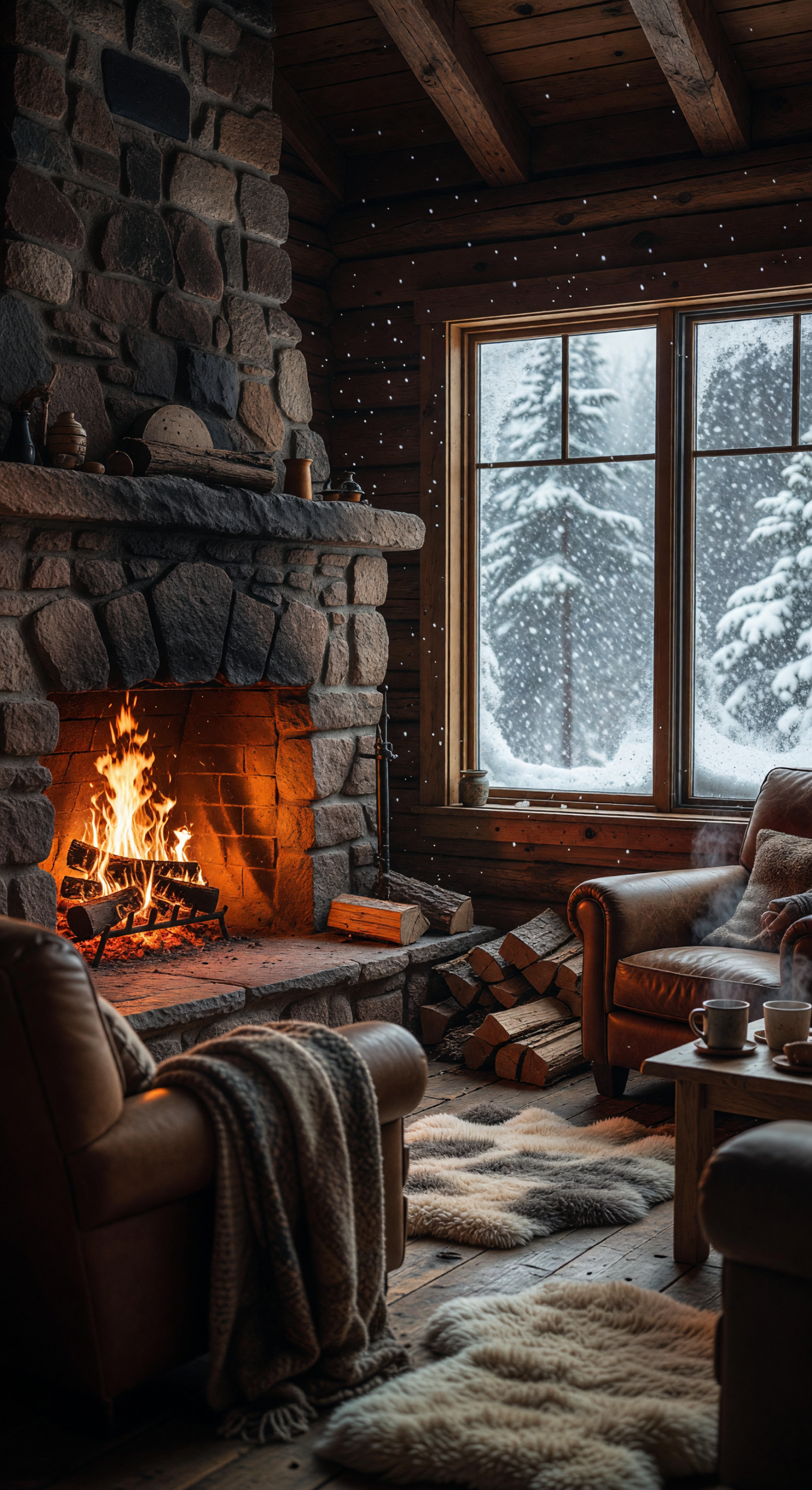 Cozy Cabin Fireside on a Snowy Winter Day