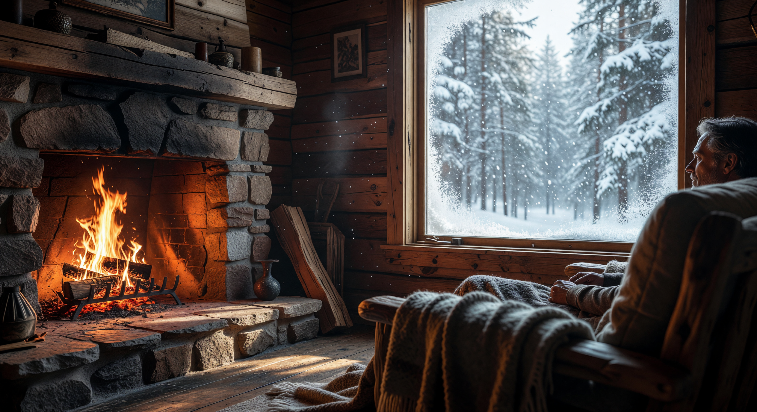 Cozy Cabin Fireside on a Snowy Winter Day