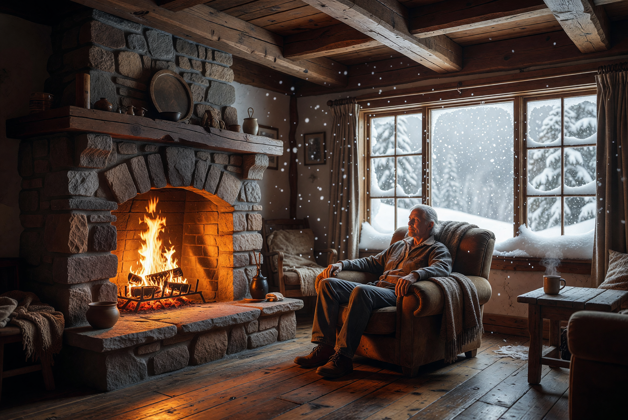 Cozy Cabin Fireside on a Snowy Winter Day