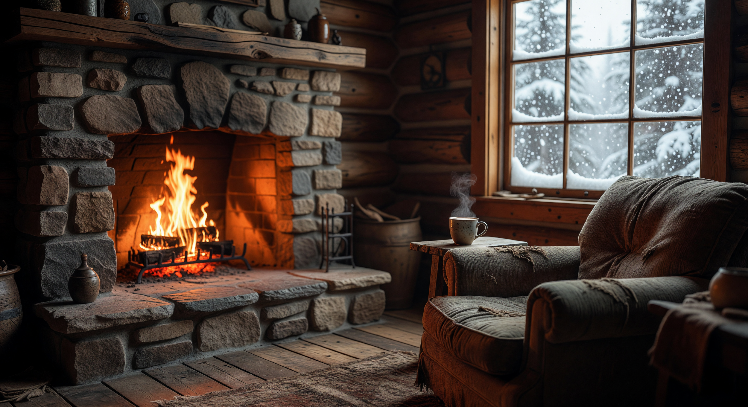 Cozy Cabin Fireside with Snowfall Outside