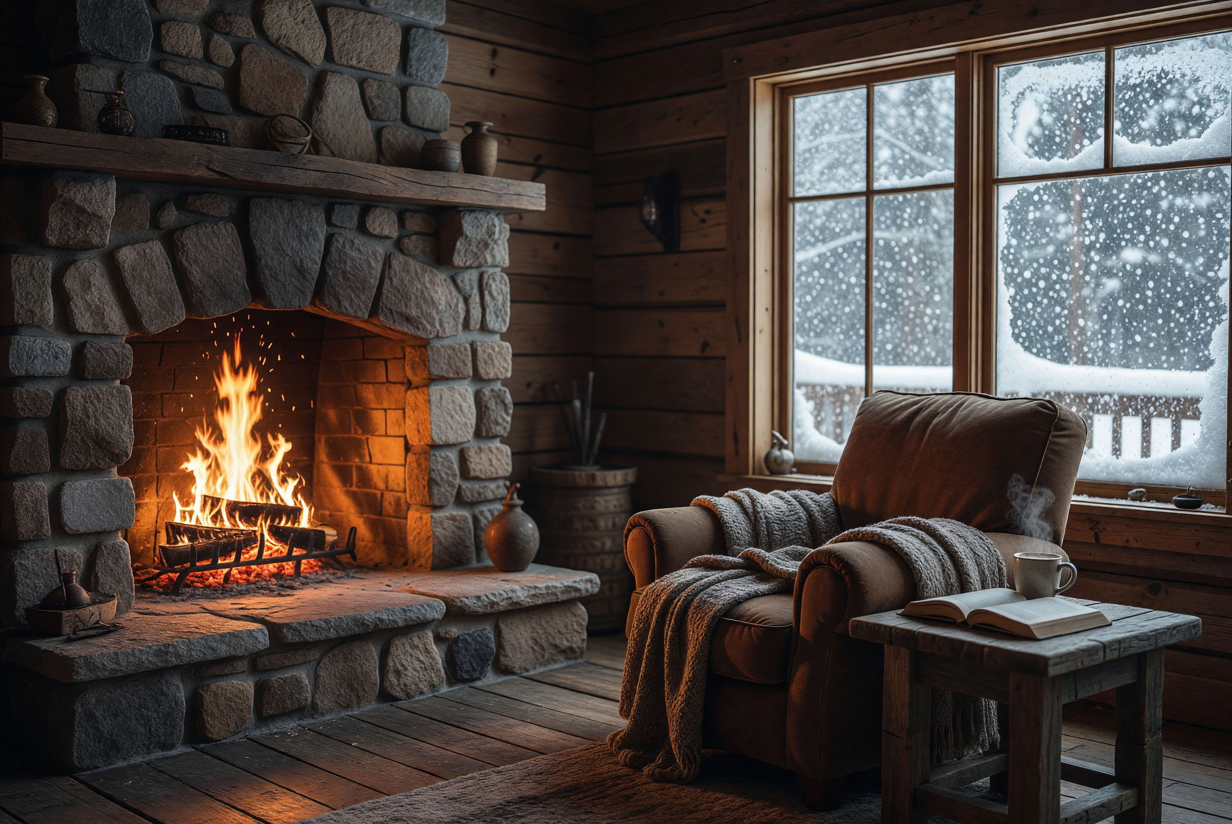 Cozy Cabin Fireside with Snowfall Outside Window