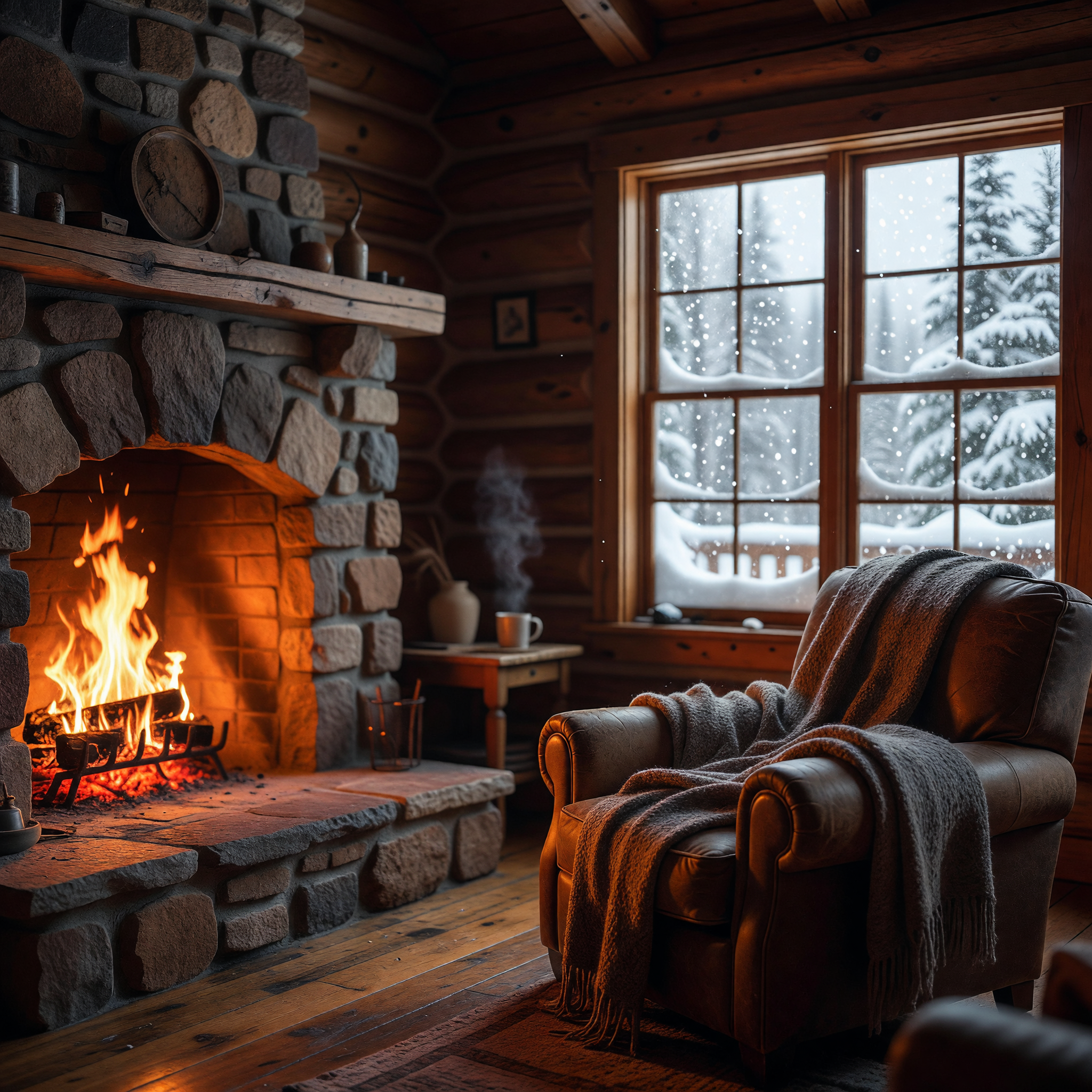 Cozy Cabin Fireside with Snowfall Outside Window