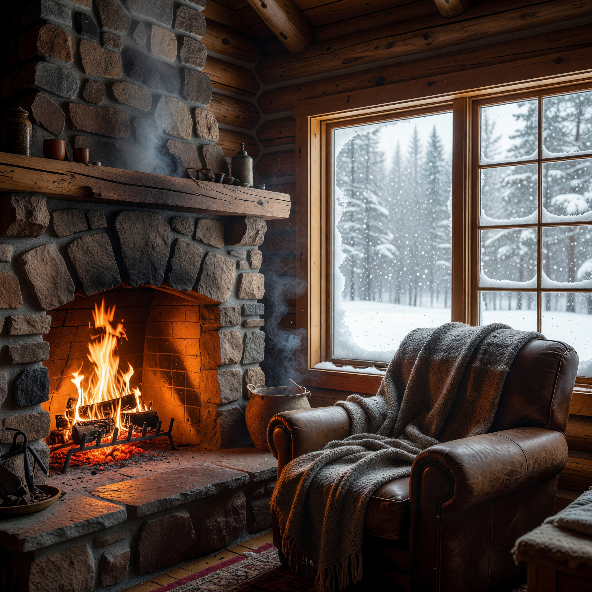Cozy Cabin Fireside with Snowy Window View