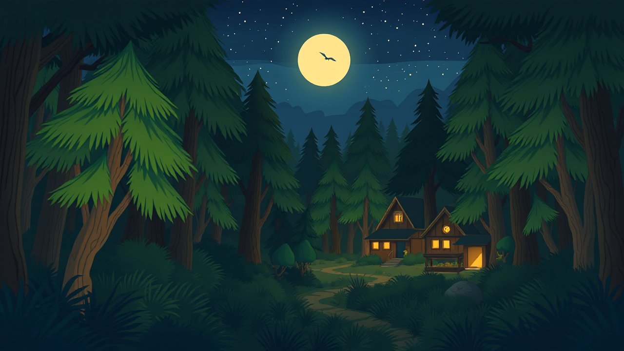 Cozy Cabin in a Dense Forest Under a Full Moon