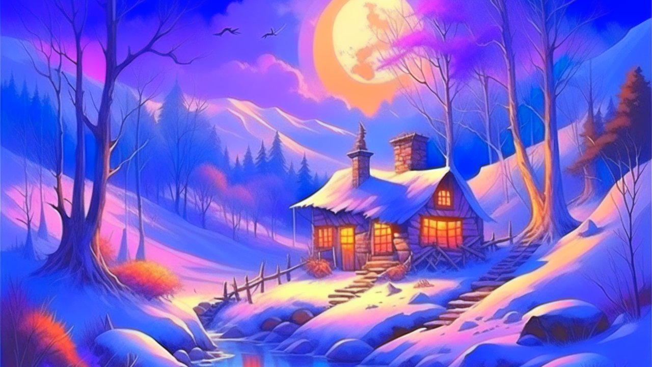 Cozy Cabin in a Magical Winter Night