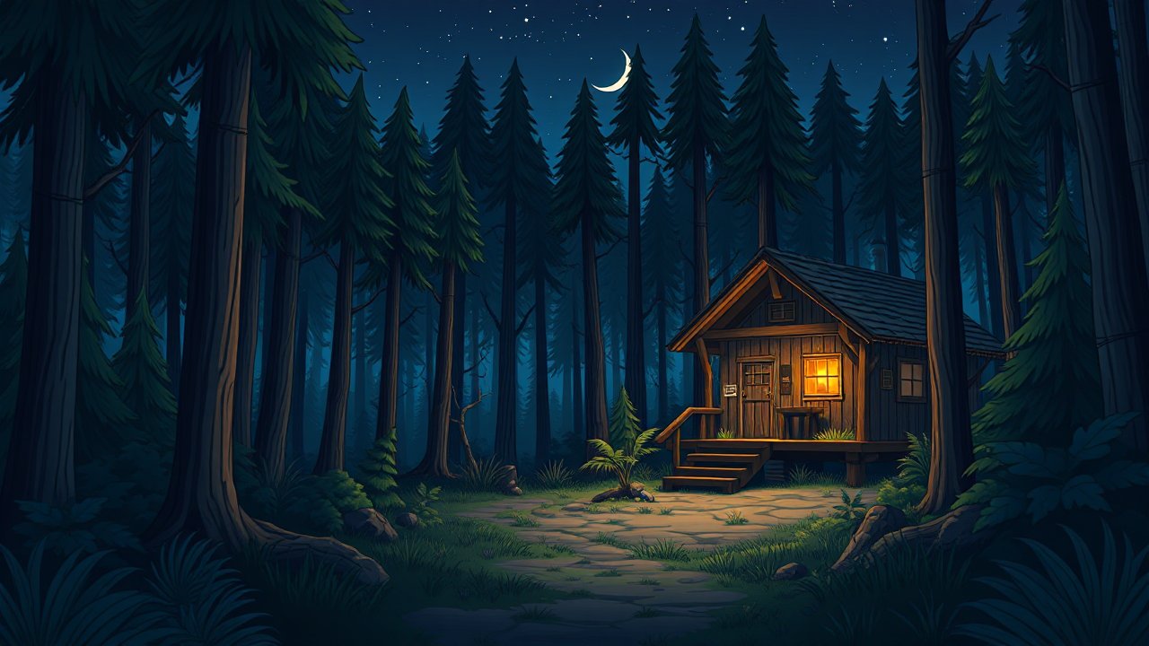 Cozy Cabin in a Moonlit Forest Night