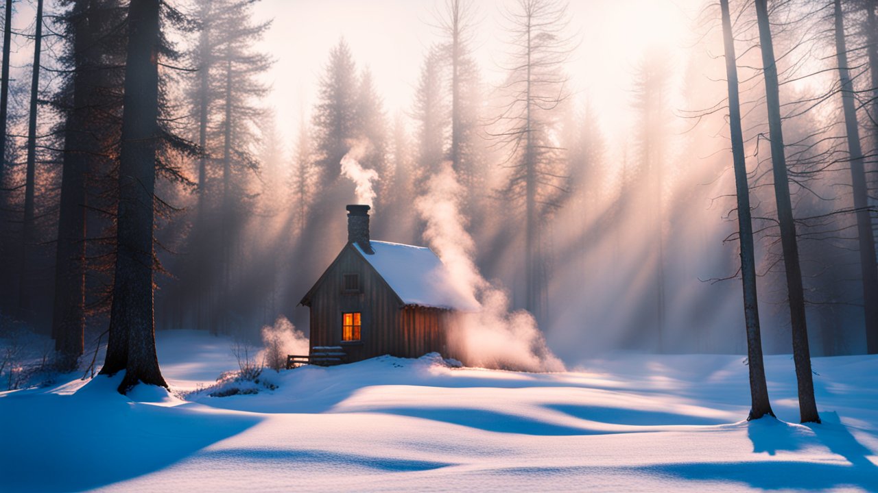 Cozy Cabin in Snowy Forest at Sunrise