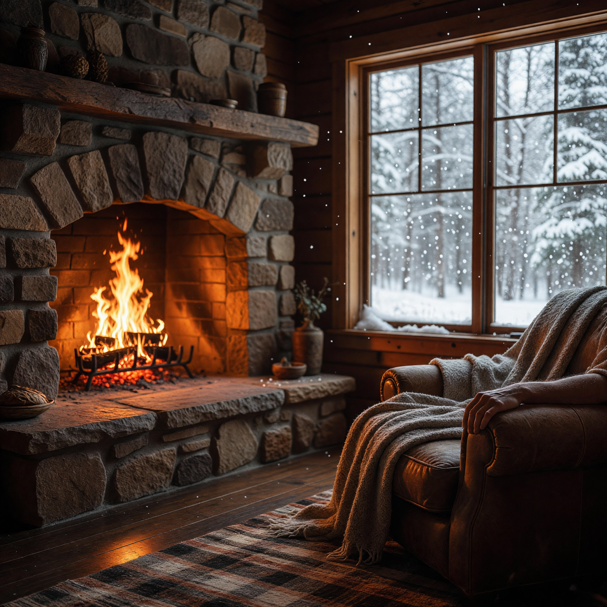 Cozy Cabin Interior with Firelight and Snowfall Outside