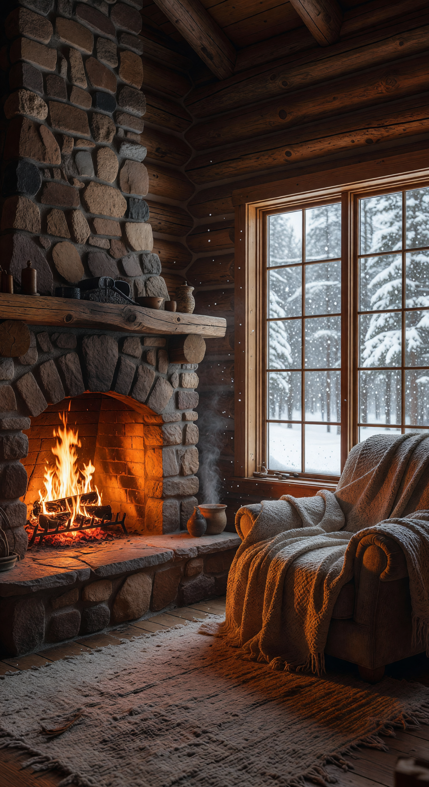 Cozy Cabin Interior with Fireplace and Snowfall Outside