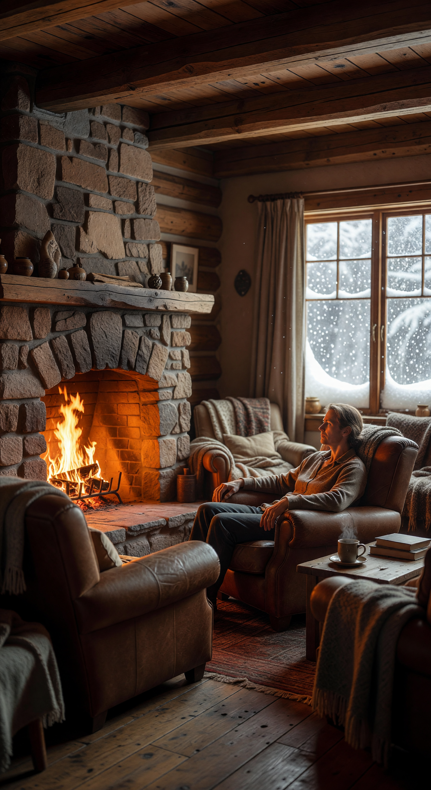 Cozy Cabin Interior with Fireplace and Snowfall Outside